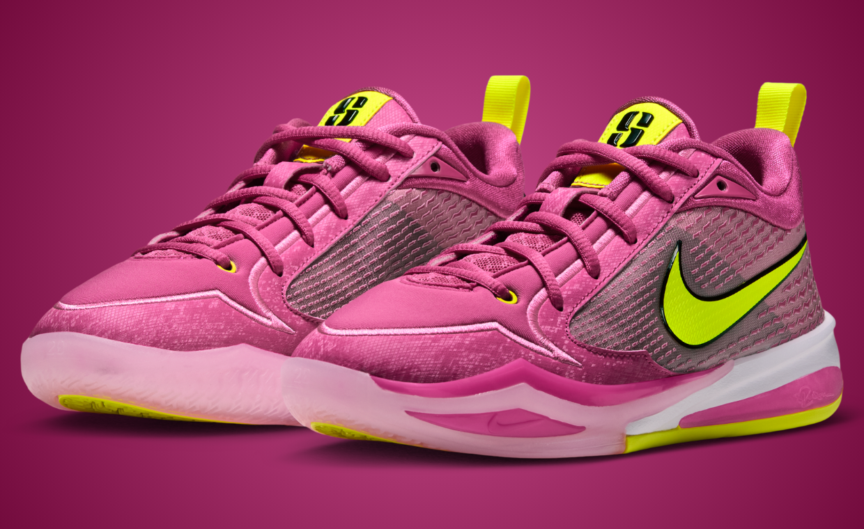 Nike Sabrina 4 Fuel in Fuel Pink and Lemon Yellow colorway, featuring digital camo graphics on toe and side panels