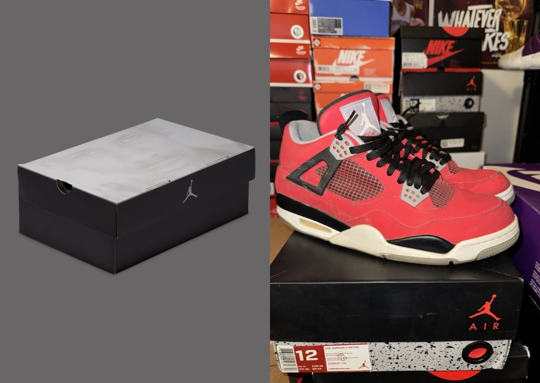 2026 Air Jordan 4 Toro Bravo packaging (left) vs 2013 (right)
