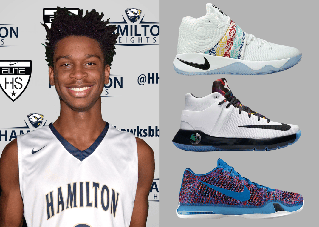 Shai Gilgeous-Alexander in high school (left) and Nike Kyrie 2 (top), Nike KD Trey 5 (middle), and Nike Kobe 10 (bottom)