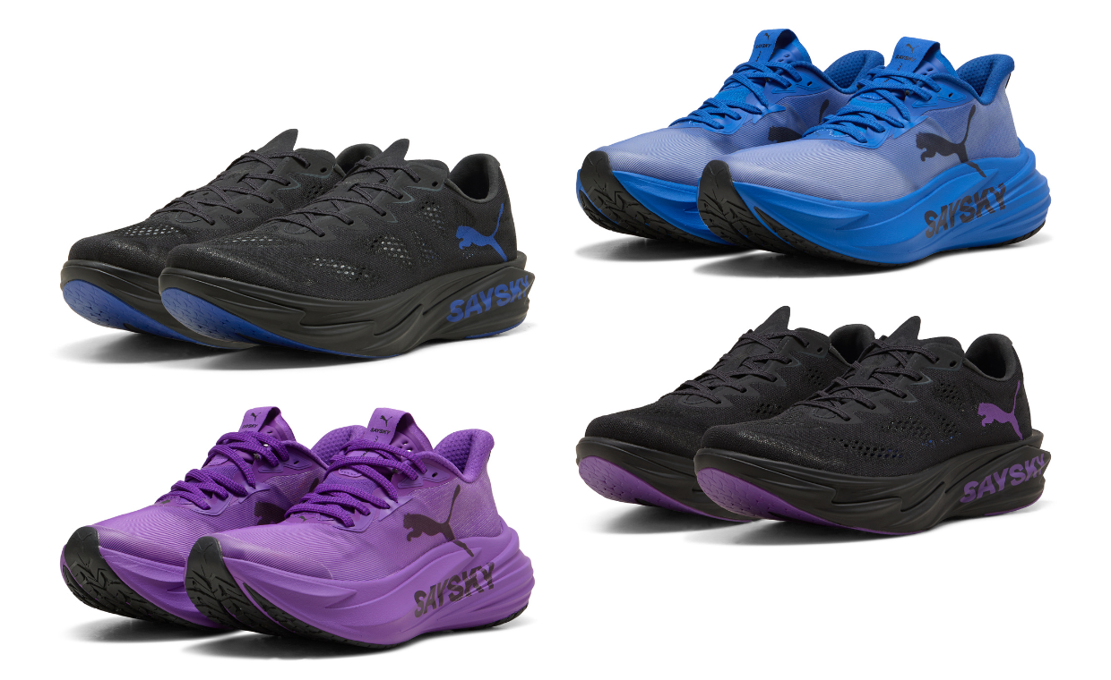 SAYSKY x Puma Back to Business pack featuring four pairs of Deviate Nitro Elite 4 and Mag Max 2 in purple, blue, and black colorways