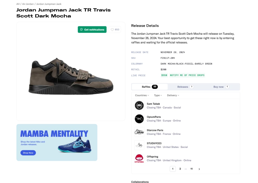 Travis Scott x Jordan Jumpman Jack Dark Mocha Raffle Page