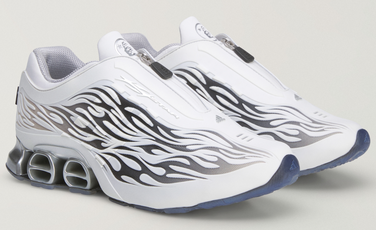 Hellstar x adidas Megaride S2 in white and black with flame graphic motif