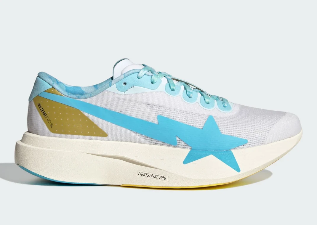BAPE x adidas Adizero EVO SL Blue Pink Gold KJ5751 hero image showing mismatched blue and pink colourway with BAPE camo details