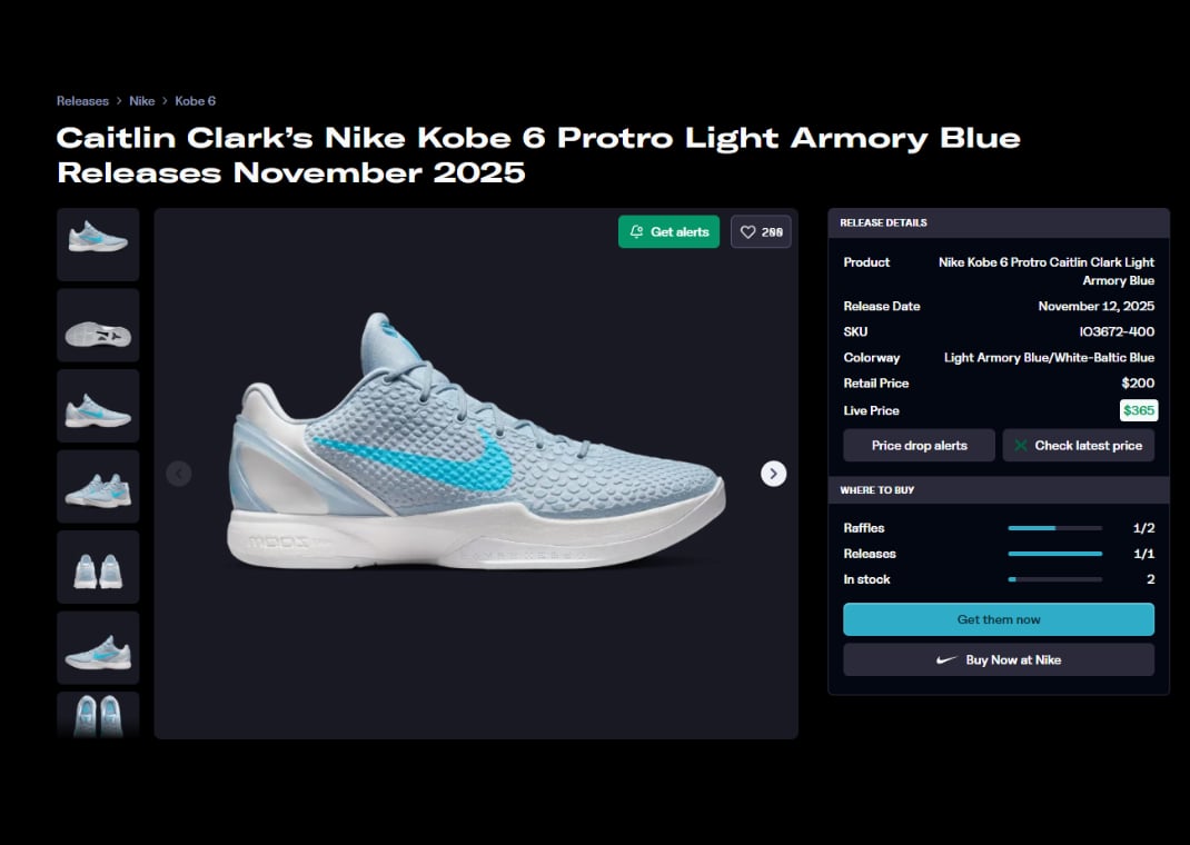 Caitlin Clark x Nike Kobe 6 Protro Light Armory Blue PE Raffle Page