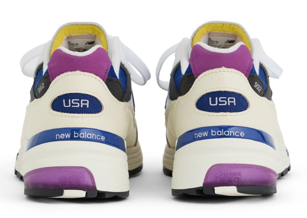 New Balance 992 Made in USA White Team Royal heel