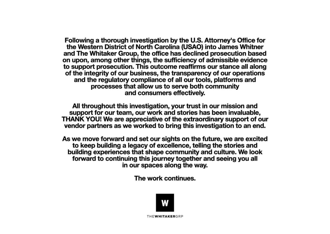 The Whitaker Group’s Statement Regarding Being Cleared of Allegations