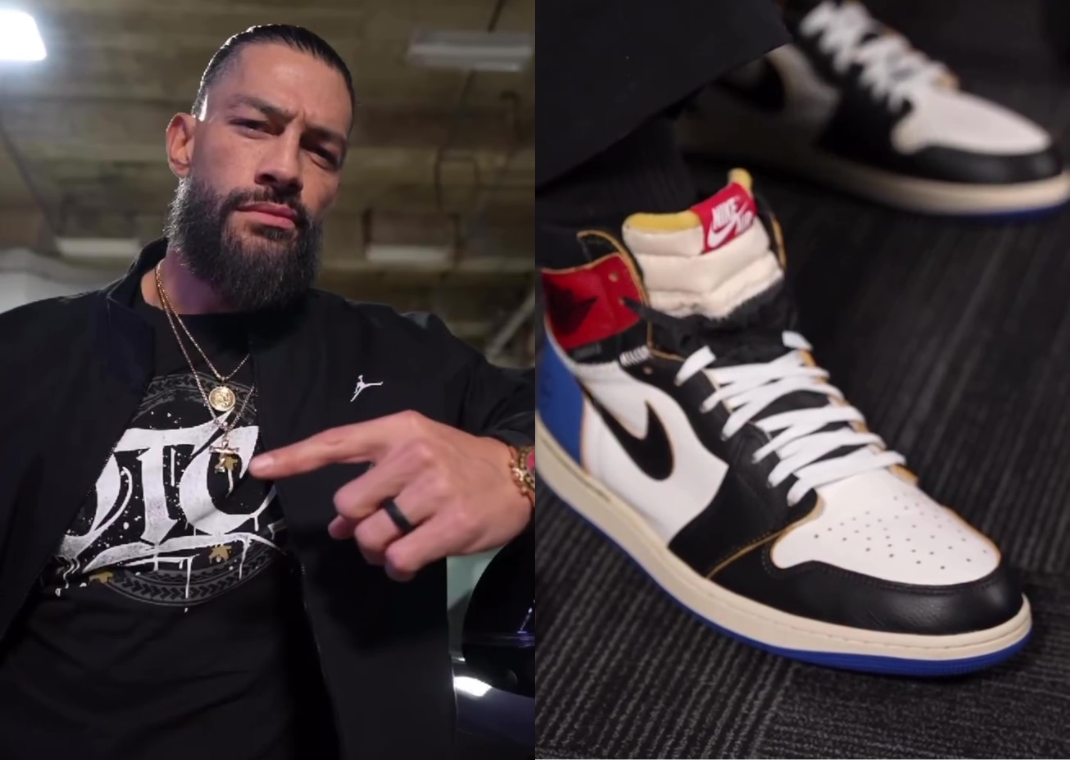 Roman Reigns wearing the fragment design x Union LA x Air Jordan 1 Retro High OG Chicago Royal