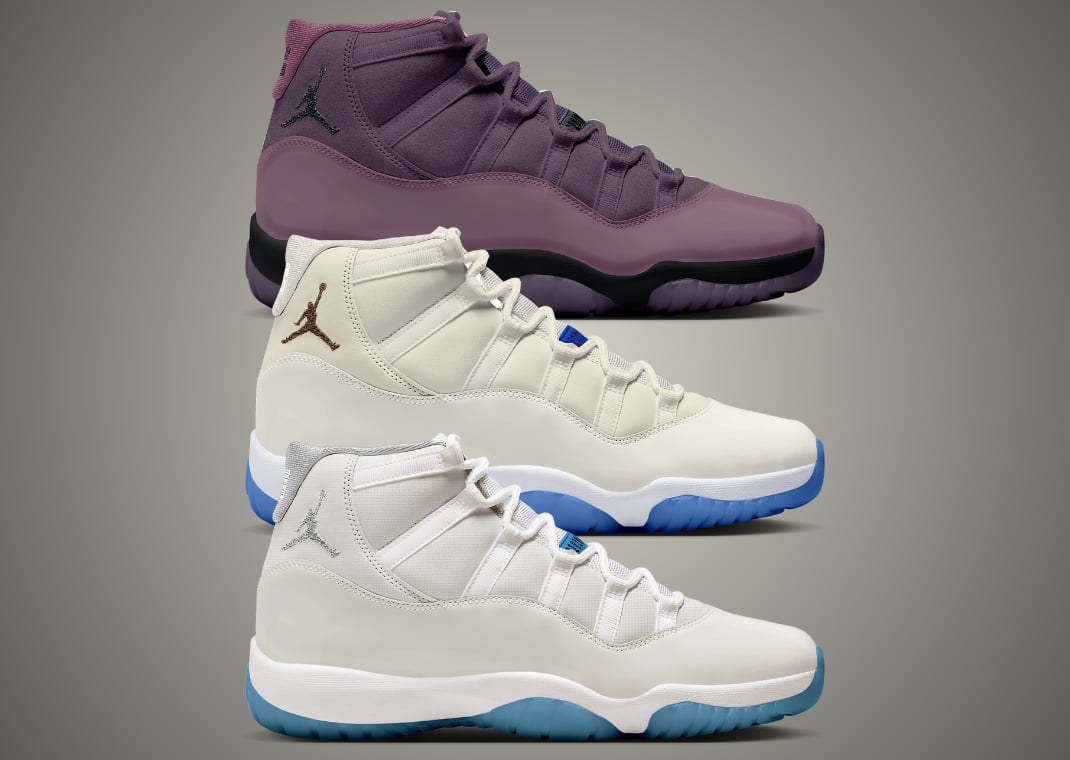 Air Jordan 11 Retro Canyon Purple (top), Sail Off White (middle), and Canvas (bottom)