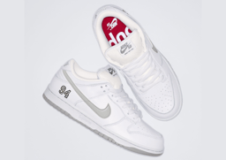 Supreme x Nike SB Dunk Low White Metallic Silver Angle