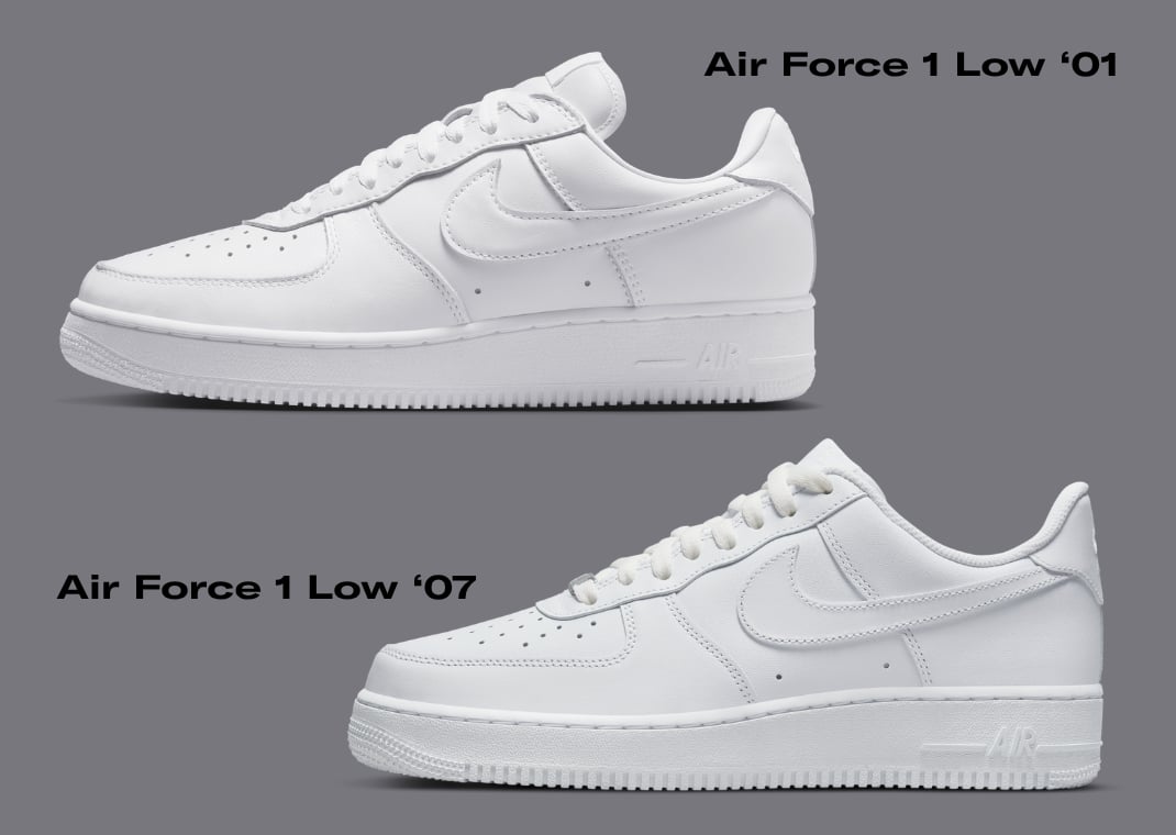 Nike Air Force 1 Low '01 (top) vs Air Force 1 Low '07 (bottom)