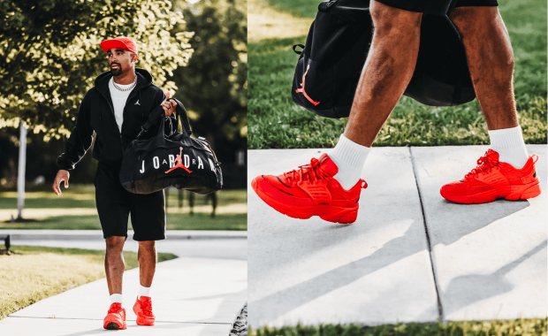 Jalen Hurts wearing an all-red Jordan Trunner O/S