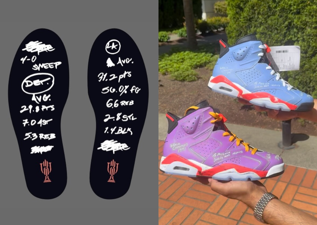Trophy Room x Air Jordan 6 Retro F&F (top right) and the version intended for retail (bottom right)