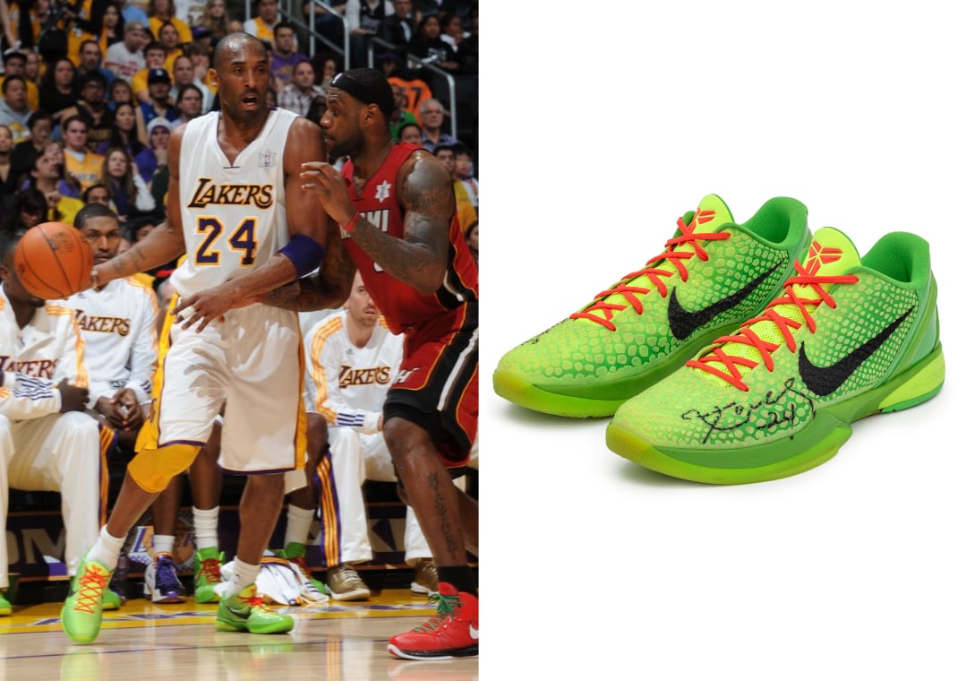 Kobe Bryant wearing the Kobe 6 Grinch against LeBron James and the Miami Heat