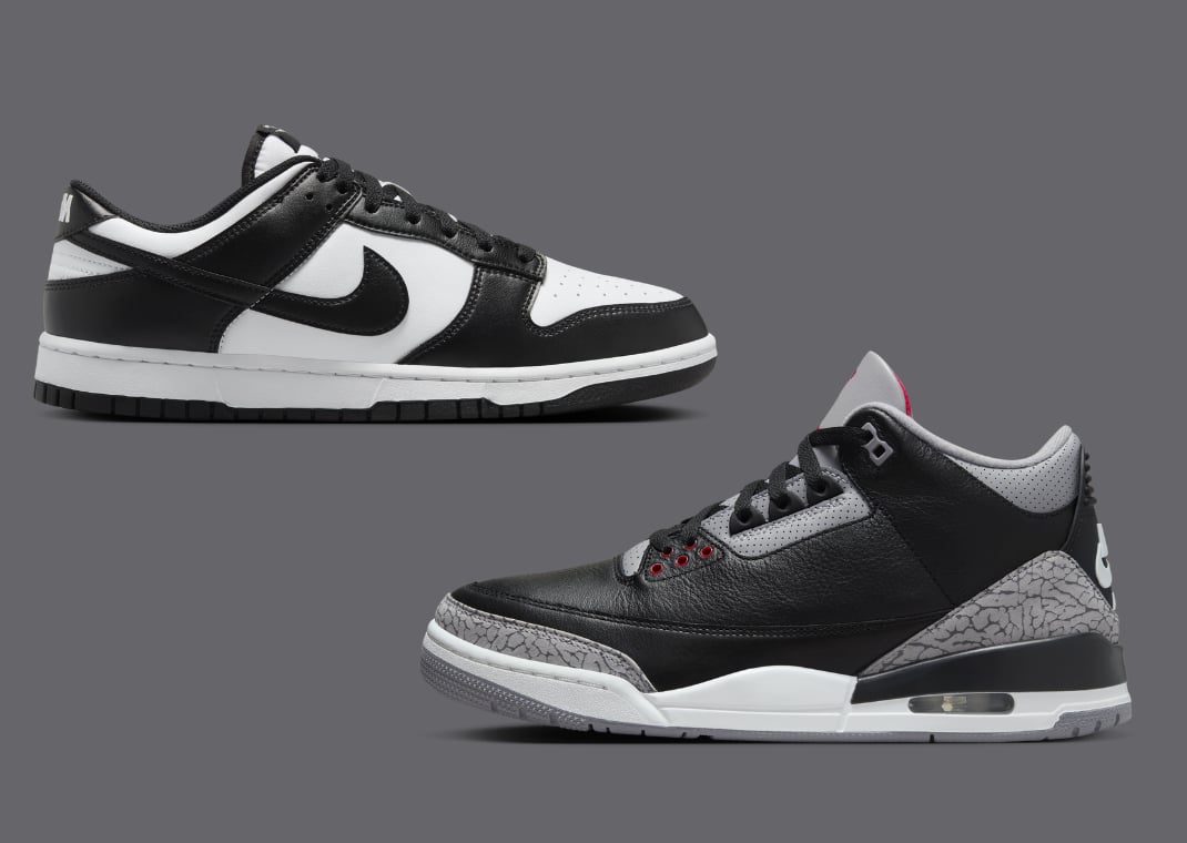 Nike Dunk Low Panda (top) vs. Air Jordan 3 Retro Black Cement
