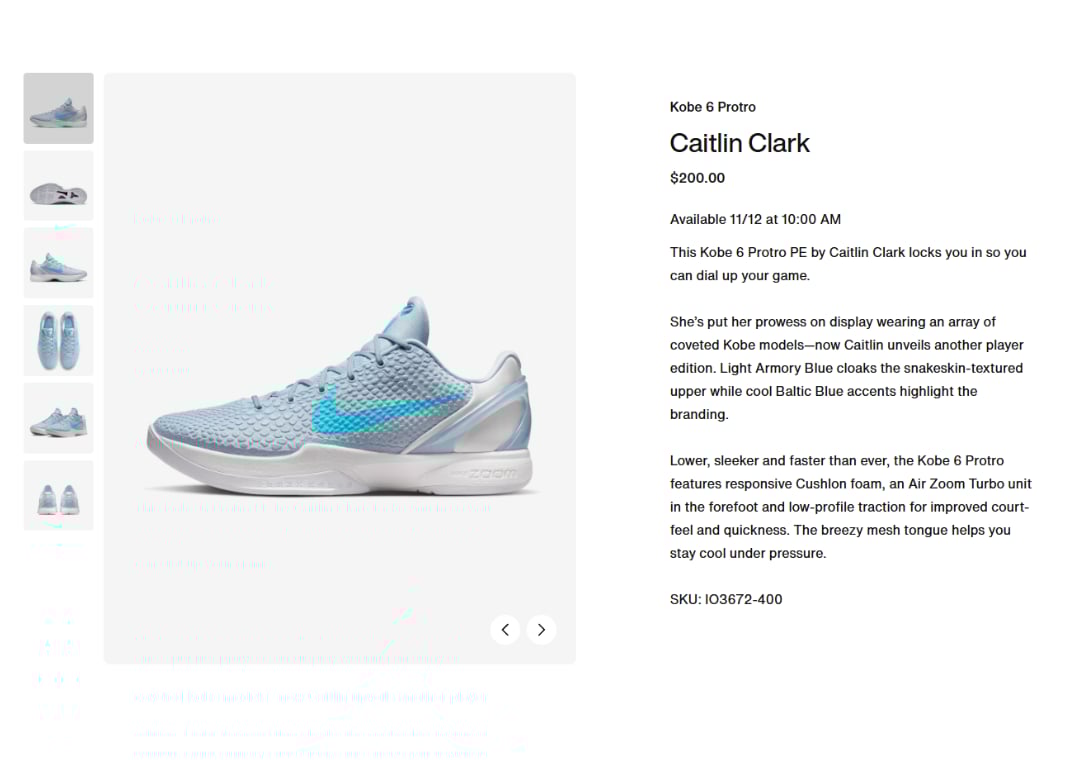 Caitlin Clark x Nike Kobe 6 Protro Light Armory Blue PE Nike Page