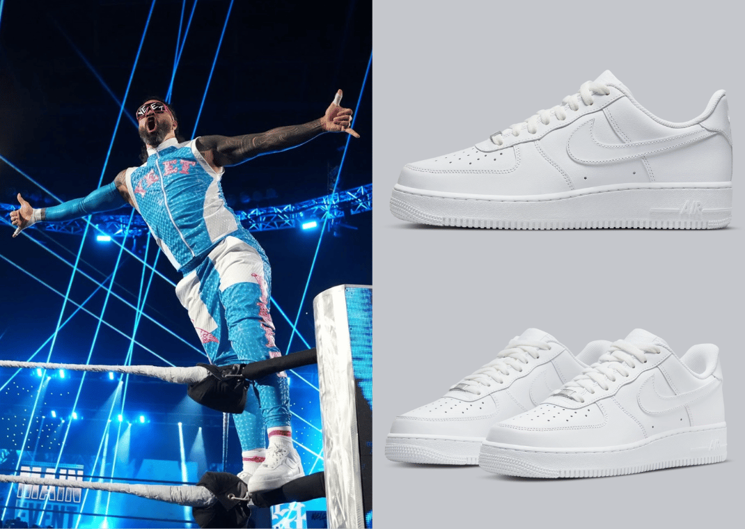 Jey Uso wearing a triple white Nike Air Force 1 Low