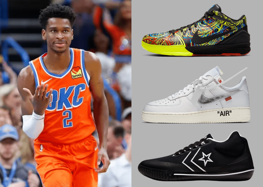 Shai Gilgeous-Alexander during his first season with OKC (left); Nike Kobe 4 Protro Wizenard PE (top), Off-White x Nike Air Force 1 ‘07 Complexcon (middle), and Converse All-Star BB Evo (bottom)