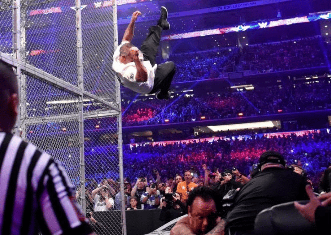 Shane McMahon jumping from the Hell In A Cell cage in the Air Jordan XXX