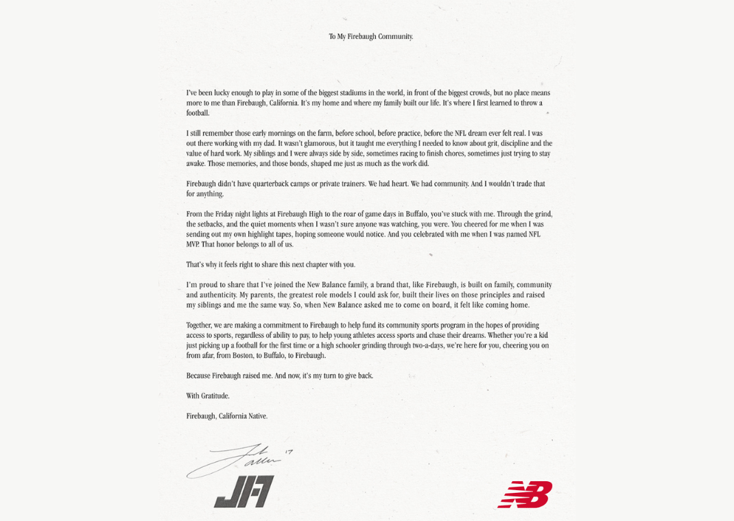 Josh Allen's letter to his community