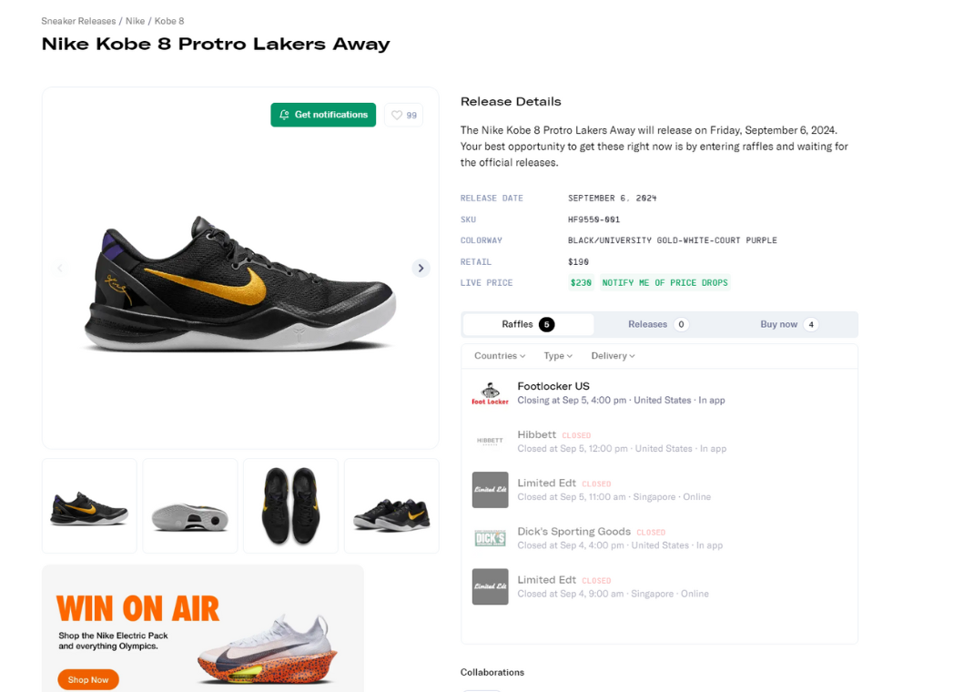 Nike Kobe 8 Protro Lakers Away Raffle Page