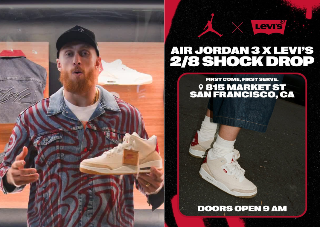 George Kittle with the Levi's x Air Jordan 3 Retro Year of the Horse (left); Release info for the Levi's AJ 3 Year of the Horse (Right)