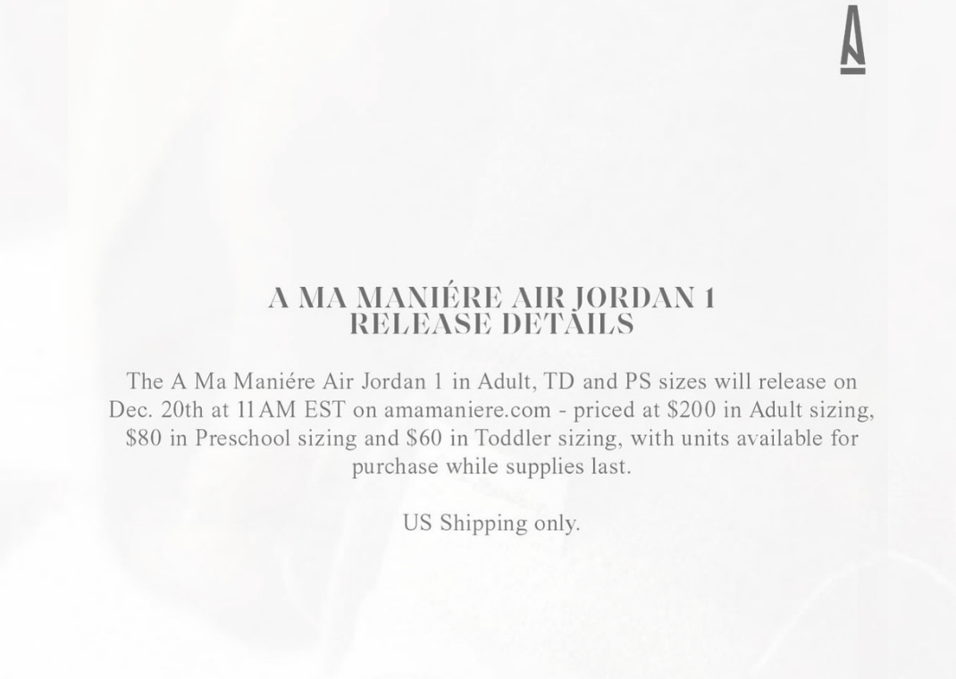 Jordan 1 x A Ma Maniere restock info