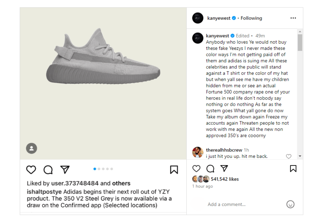 Kanye West Calls Out adidas For Selling Fake Yeezys Alleges The Brand Is Suing Him For 250 Million