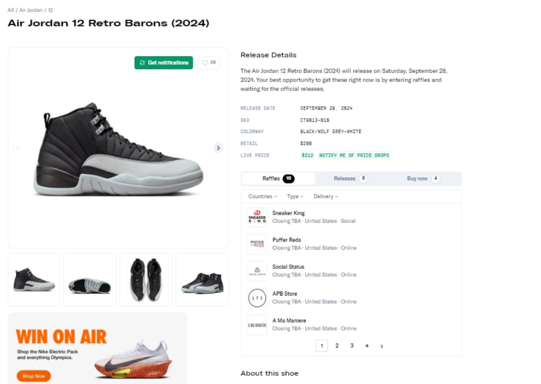 Air Jordan 12 Retro Barons Raffle Page