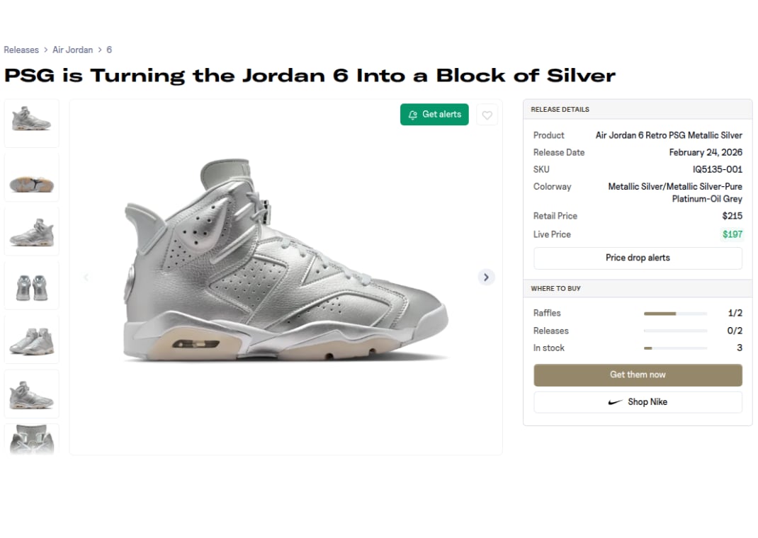 Where to Buy the PSG x Air Jordan 6 Metallic Silver