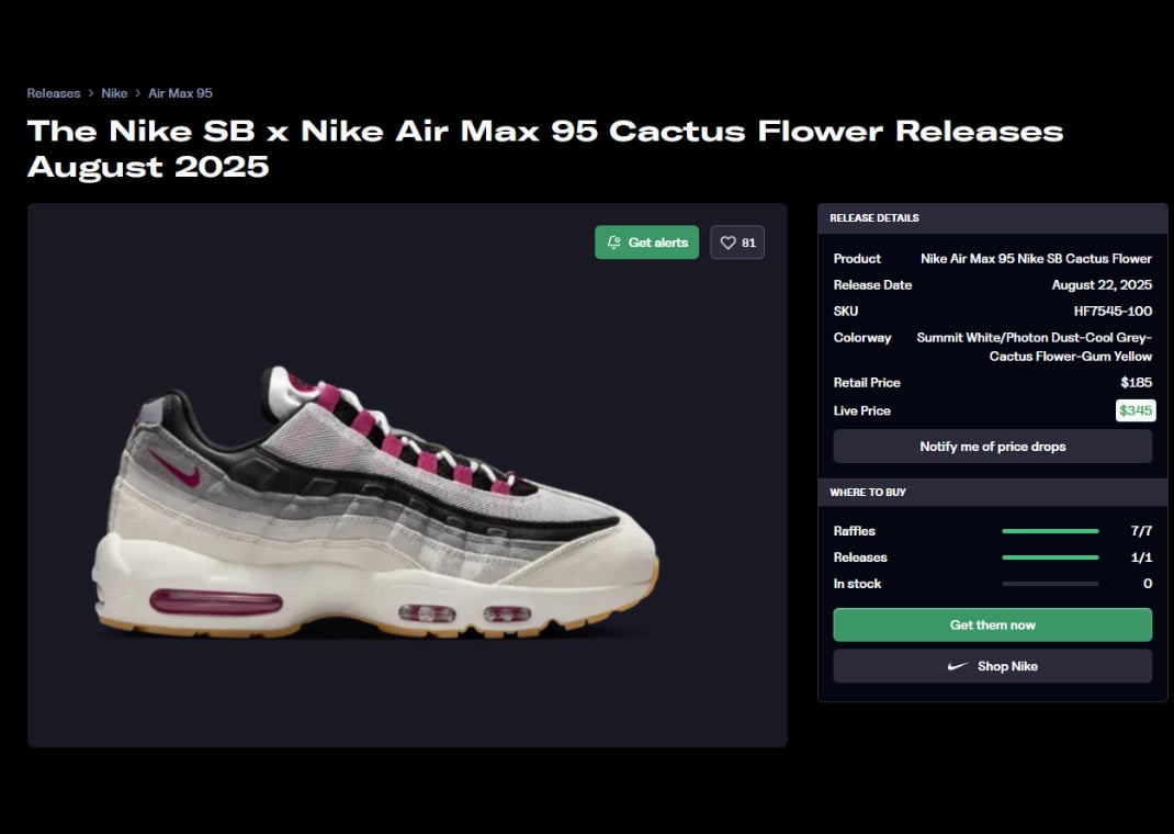 Nike SB Air Max 95 Cactus Flower Raffle Page