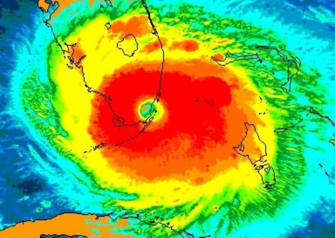Infrared imagery of Hurricane Andrew just after landfall (August 24, 1992)