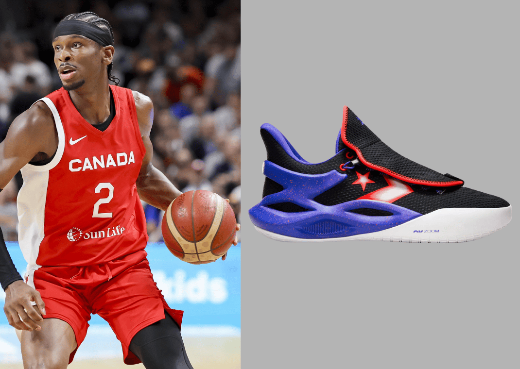 Shai Gilgeous-Alexander playing for Canada in the FIBA 2023 World Cup (left), Converse All Star BB Trilliant CX (right)