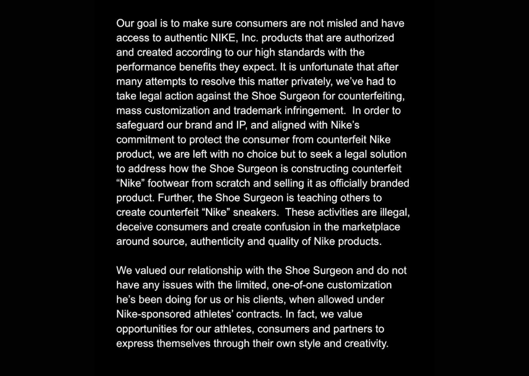 Nike's Statement On Lawsuit