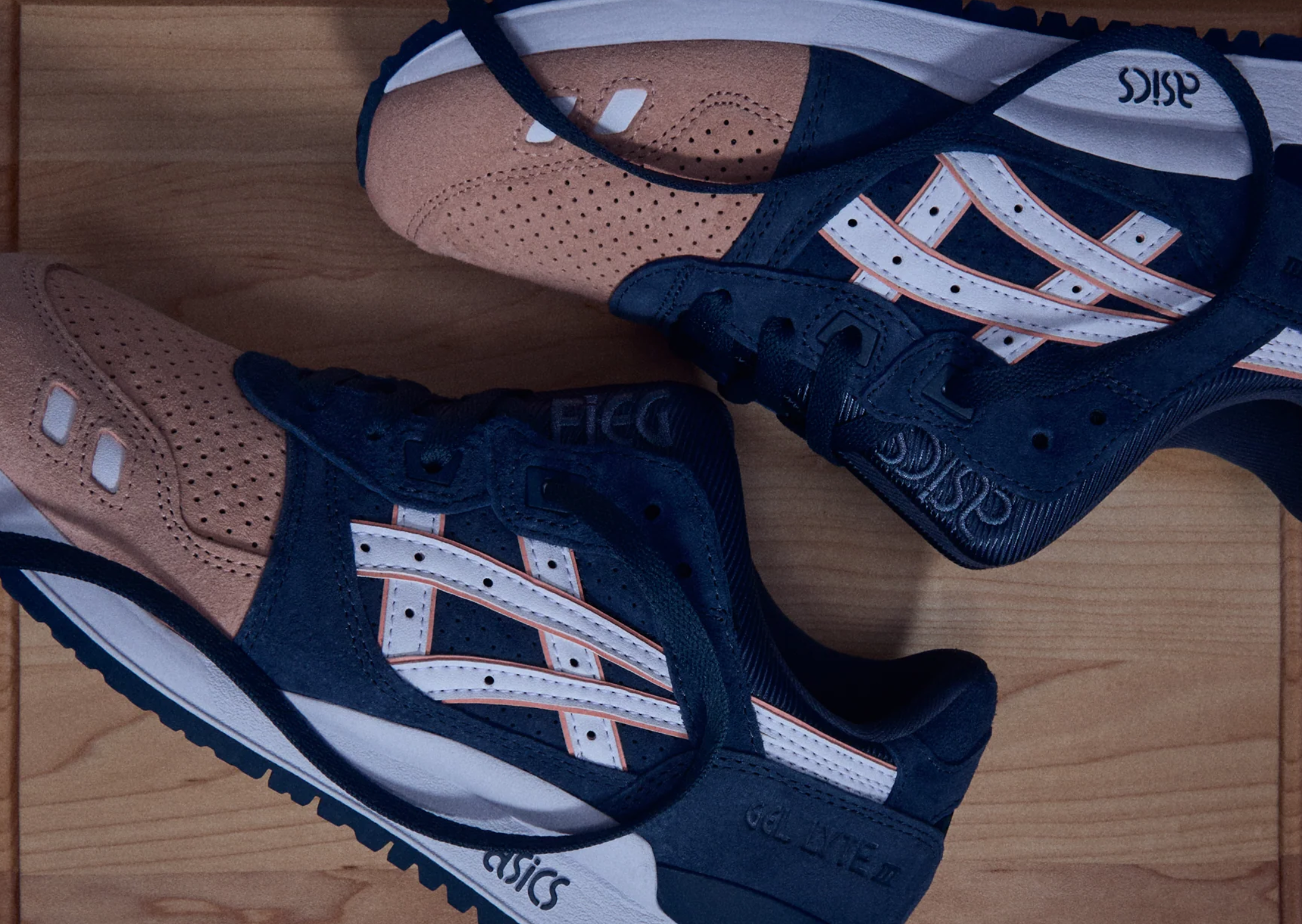 Kith x ASICS Gel-Lyte III Remastered Salmon Toe detail showing white leather ASICS branding and midsole