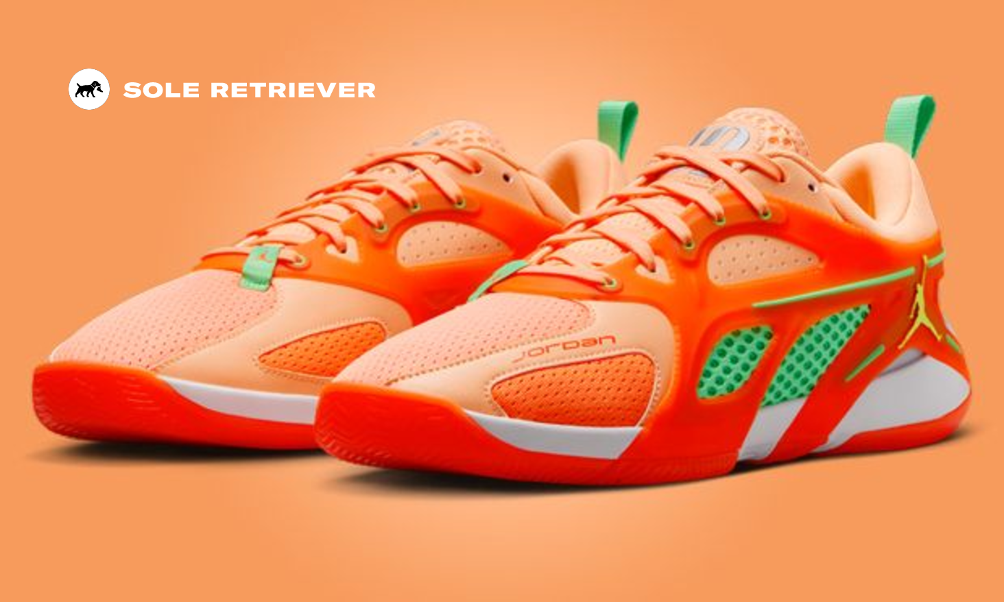 Jordan バスケットボールシューズ ホワイト/グリーン/オレンジ 着用2回 jordan-heir-peach-jam-release-