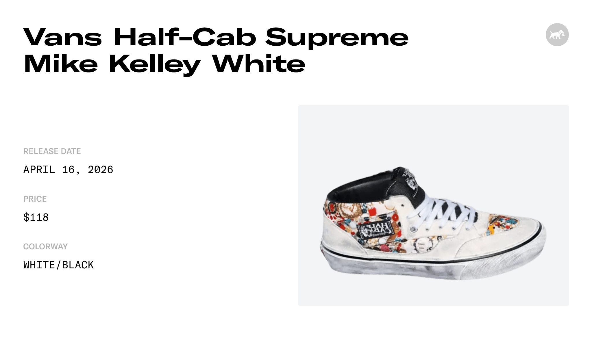 Vans Half-Cab Supreme Mike Kelley White Raffles & Where to Buy