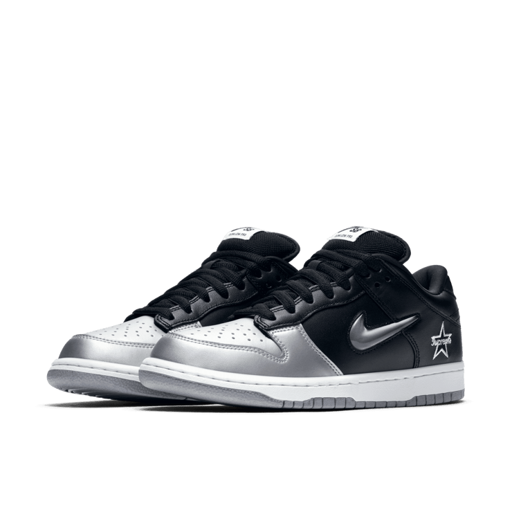 Nike SB Dunk Low Supreme Jewel Swoosh Silver Angle 2