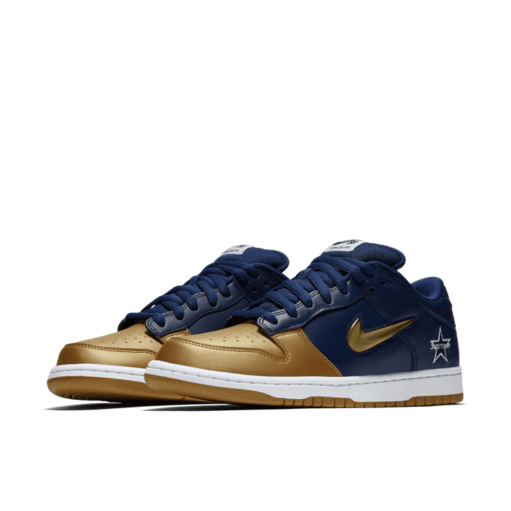 Nike SB Dunk Low Supreme Jewel Swoosh Gold Angle 2