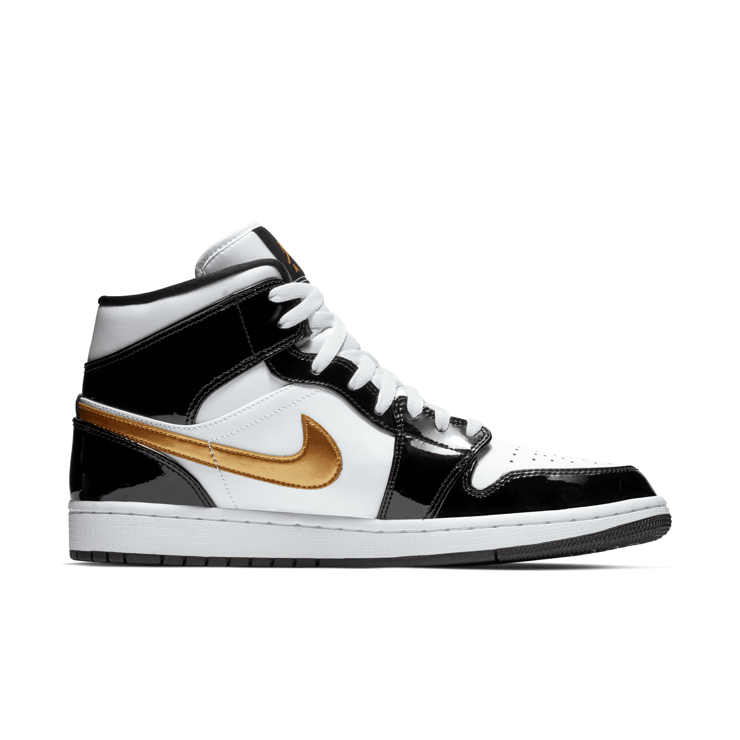 Air Jordan 1 Mid SE Patent Black Metallic Gold White Angle 1