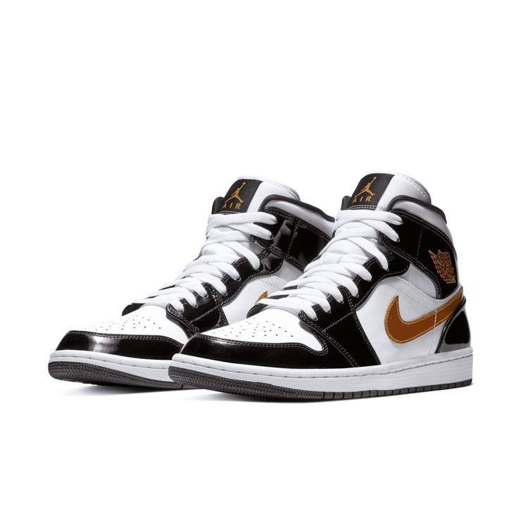 Air Jordan 1 Mid SE Patent Black Metallic Gold White Angle 3