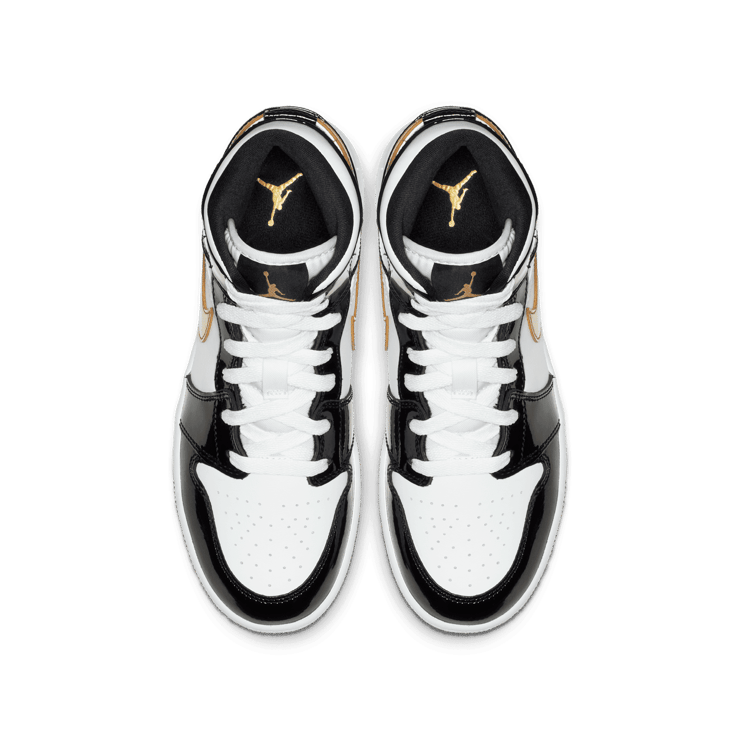 Air Jordan 1 Mid Patent Black White Gold (GS) Angle 1