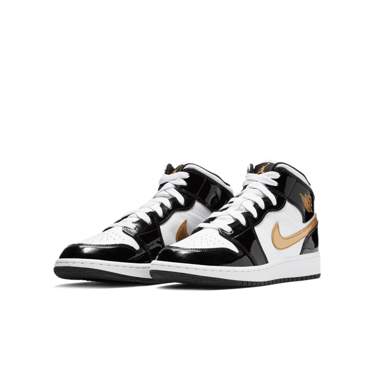 Air Jordan 1 Mid Patent Black White Gold (GS) Angle 2