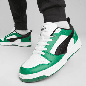 PUMA Rebound V6 Low Sneakers in White/Black/Archive Green Angle 0