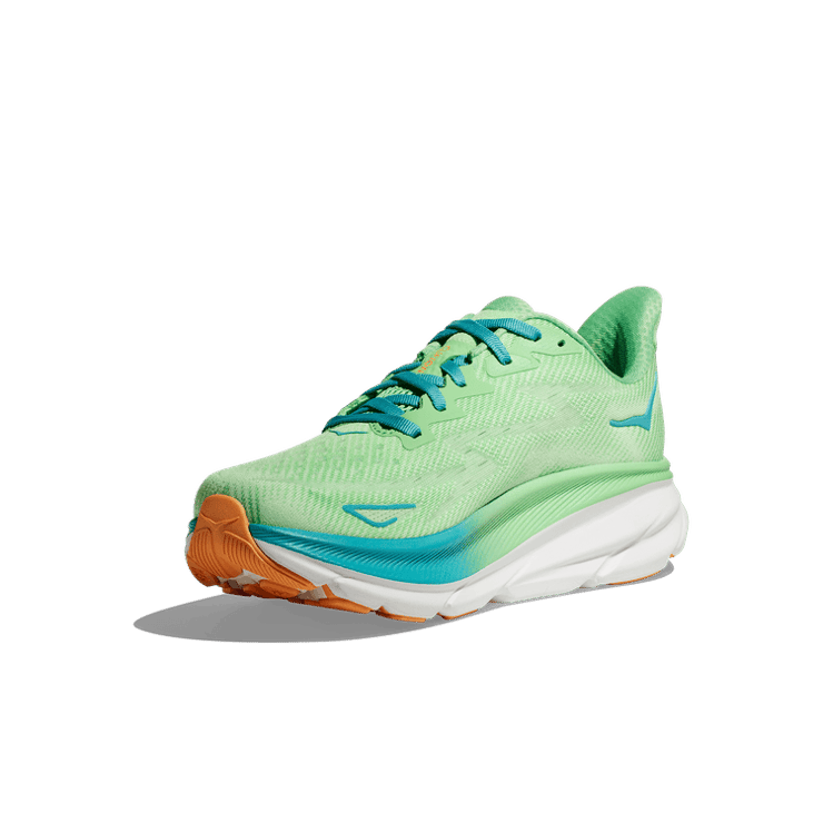 Hoka One One Clifton 9 'Zest Lime Glow' Angle 1
