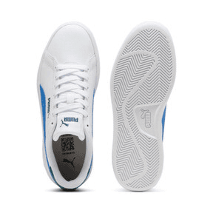 PUMA Smash 3.0 Leather Sneakers in White/Hyperlink Blue/Cold Green (GS) Angle 0