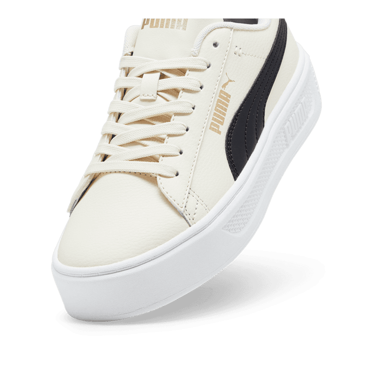 PUMA Smash Platform v3 Sneakers in Alpine Snow/Black/Gold Angle 2