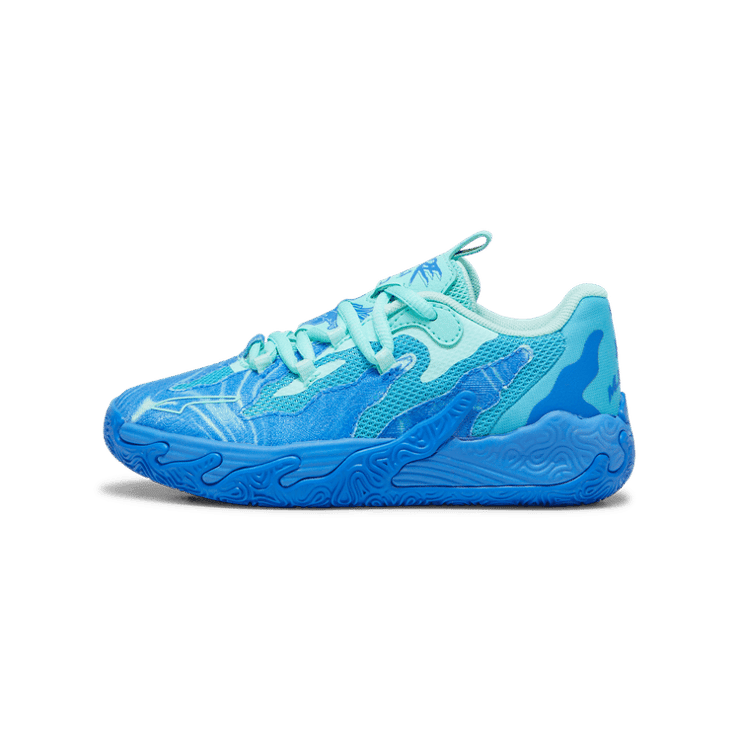 PUMA x LAMELO BALL MB.03 Lo Team Basketball in Hyperlink Blue/Bright Aqua/Electric Peppermint (PS) Angle 1