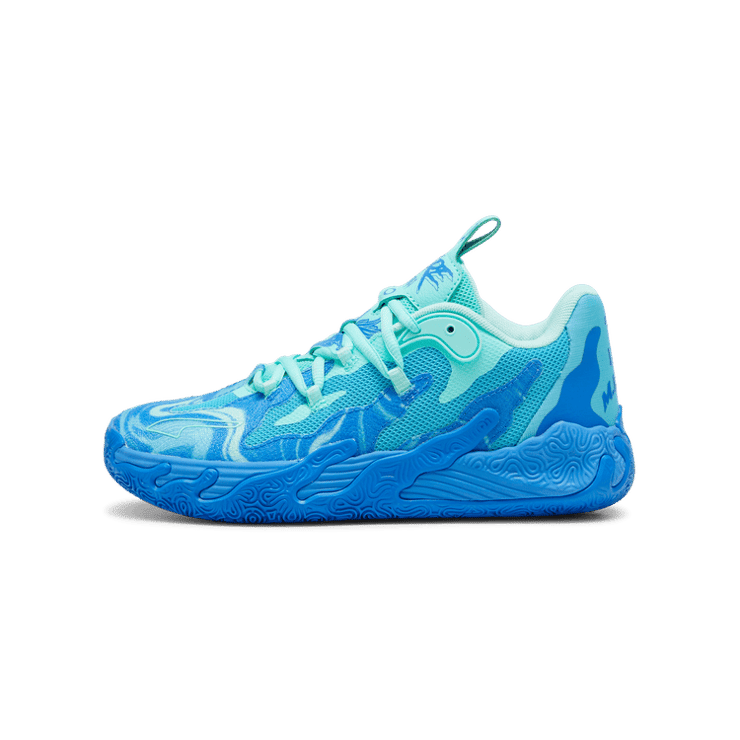 PUMA x LAMELO BALL MB.03 Lo Team Basketball in Hyperlink Blue/Bright Aqua/Electric Peppermint (GS) Angle 1