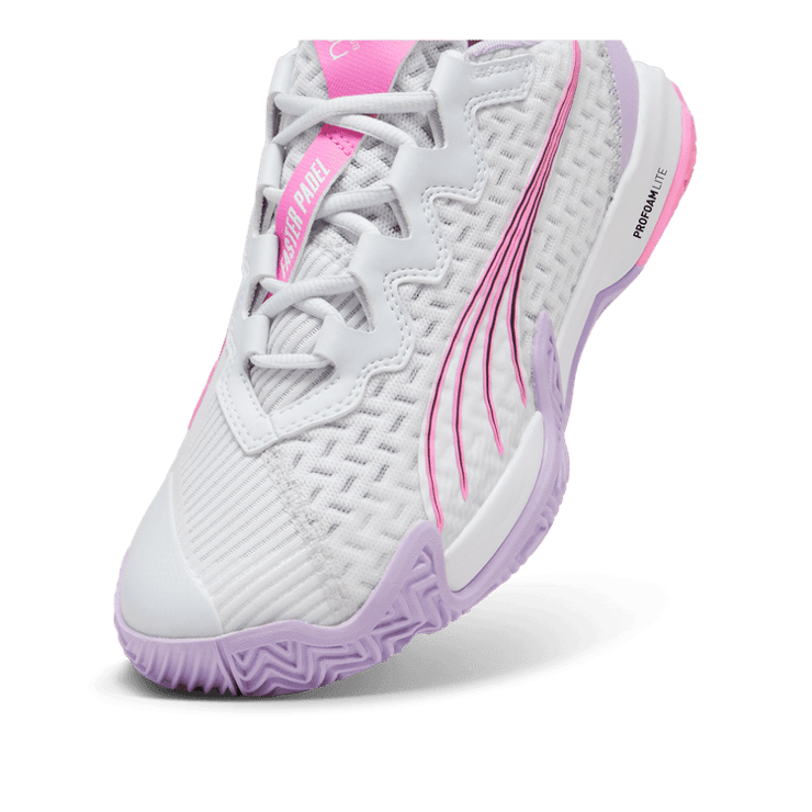 PUMA NOVA Elite Court in Silver Mist/White/Vivid Violet Angle 2