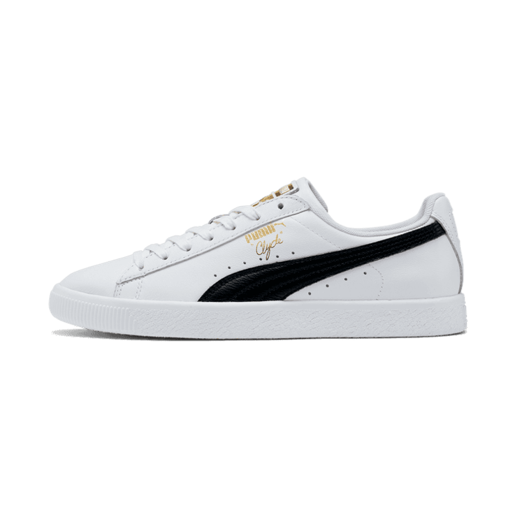 PUMA Clyde Core Foil Sneakers in White/Black/Team Gold Angle 1
